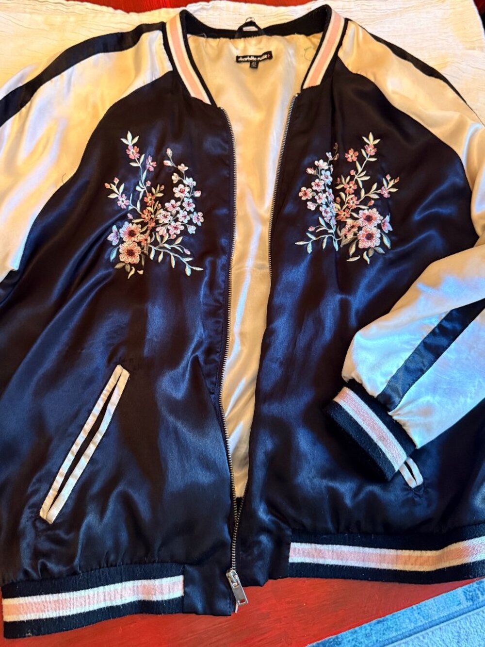 Charlotte Russe Plus Satin Souvenir Bomber Jacket Peacock Embroidered Sukajan 2X
